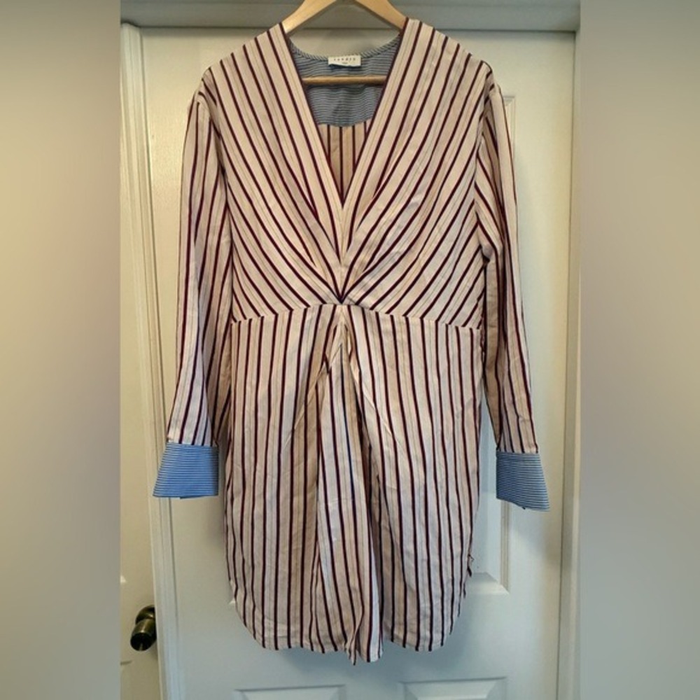 Sandro Paris Striped Mini Dress Womens 34 White Burgundy Gathered Long Sleeve